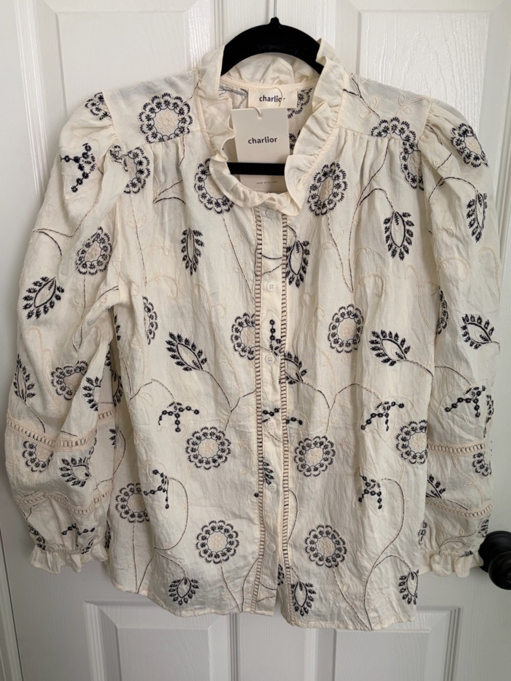 Charlier Embroidered Ruffled Collar Button-Up Blouse - Ivory & Black